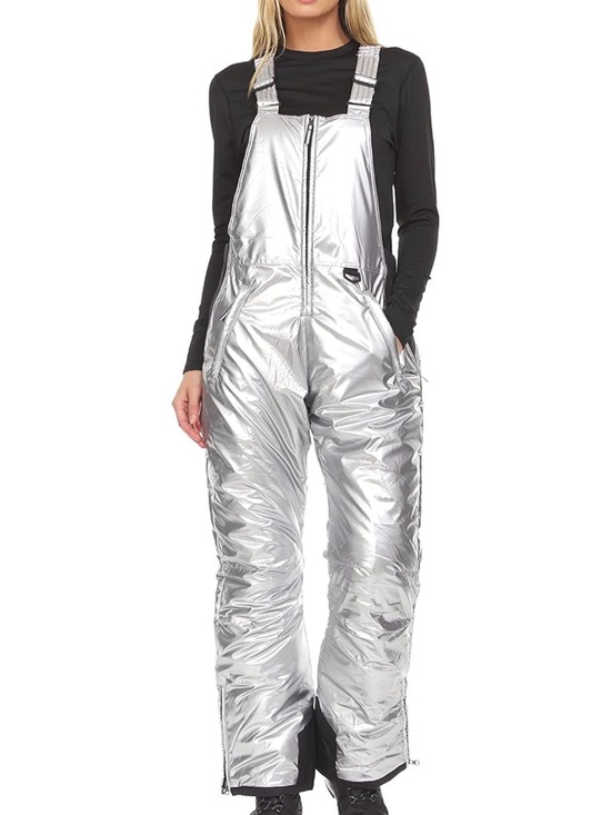 Arctic Quest Pants - Silver Metallic Insulated Snow Bib Overalls for Women Size L Futuristic Y2K